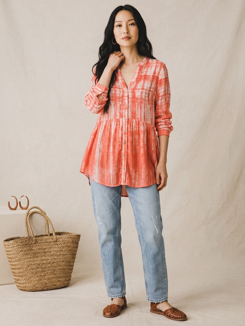 Anthropologie Maeve Coral Pink Orange Boho Button Front Peplum Tunic Top Blouse